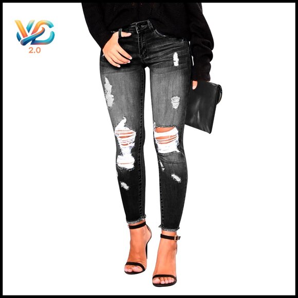 Ripped Skinny Jeans Distressed Stretchy Denim Pants Slim Fit Y2K Chic
